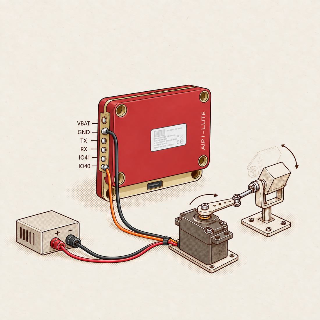 Motion concept: rear IO40 and GND connect to an externally powered servo that drives a head-tilt linkage.