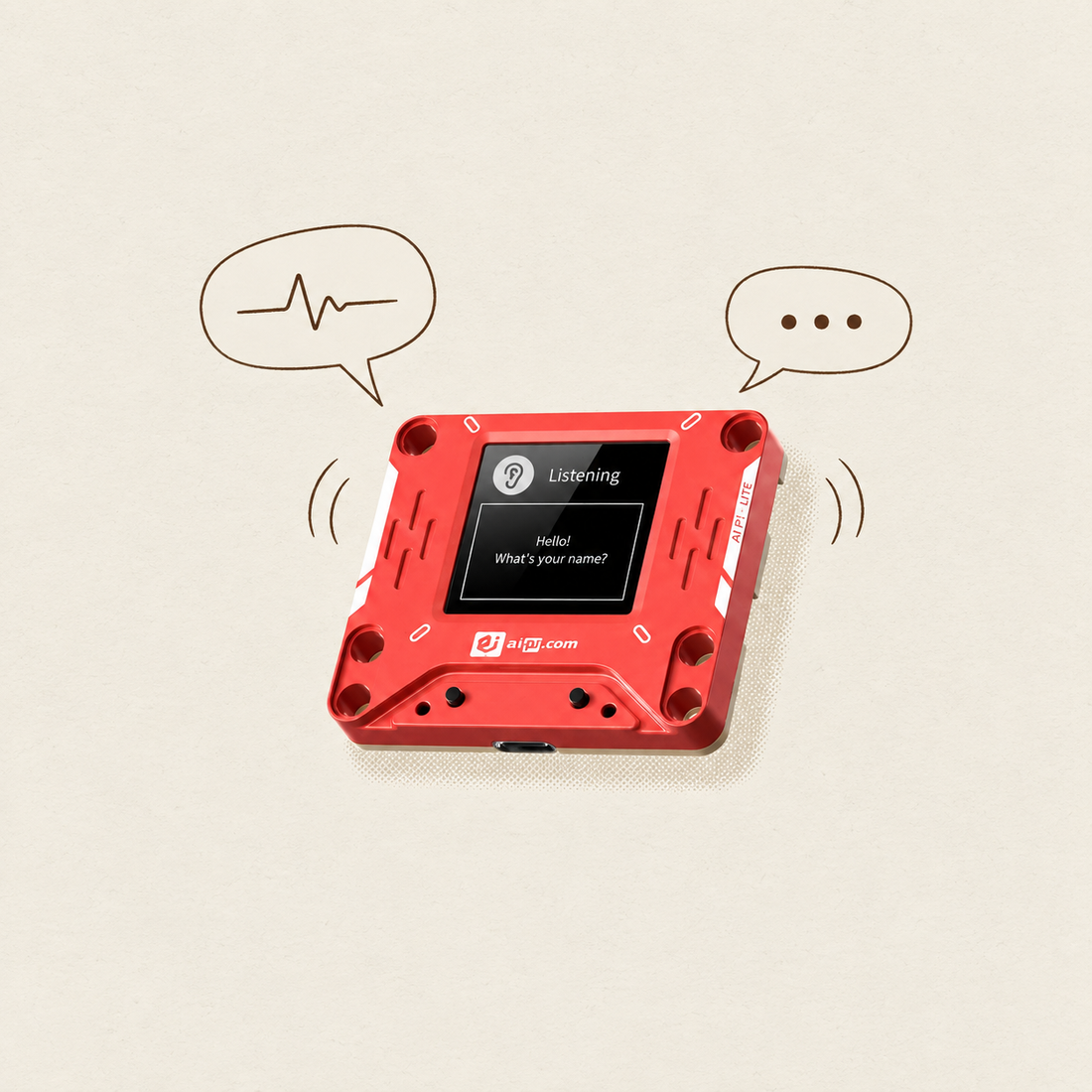 AIPI Lite illustrated with conversation bubbles on light paper.