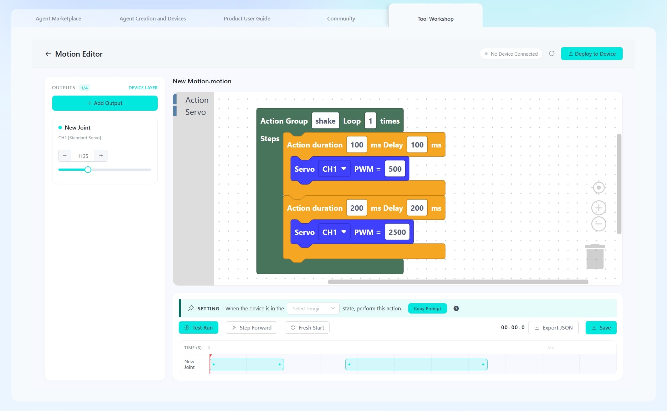 Moto Studio Motion Editor showing servo outputs, motion canvas, timeline, test run, save, export, and deploy controls