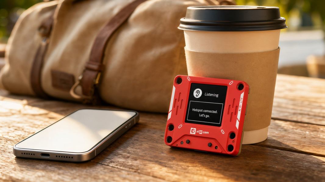 AIPI Lite leaning on a coffee cup next to a phone, connected to a personal hotspot on the go