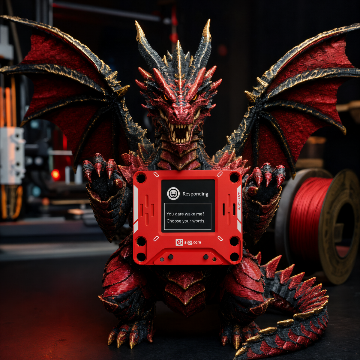 Red AIPI in the dark, screen reading The dragon stirs