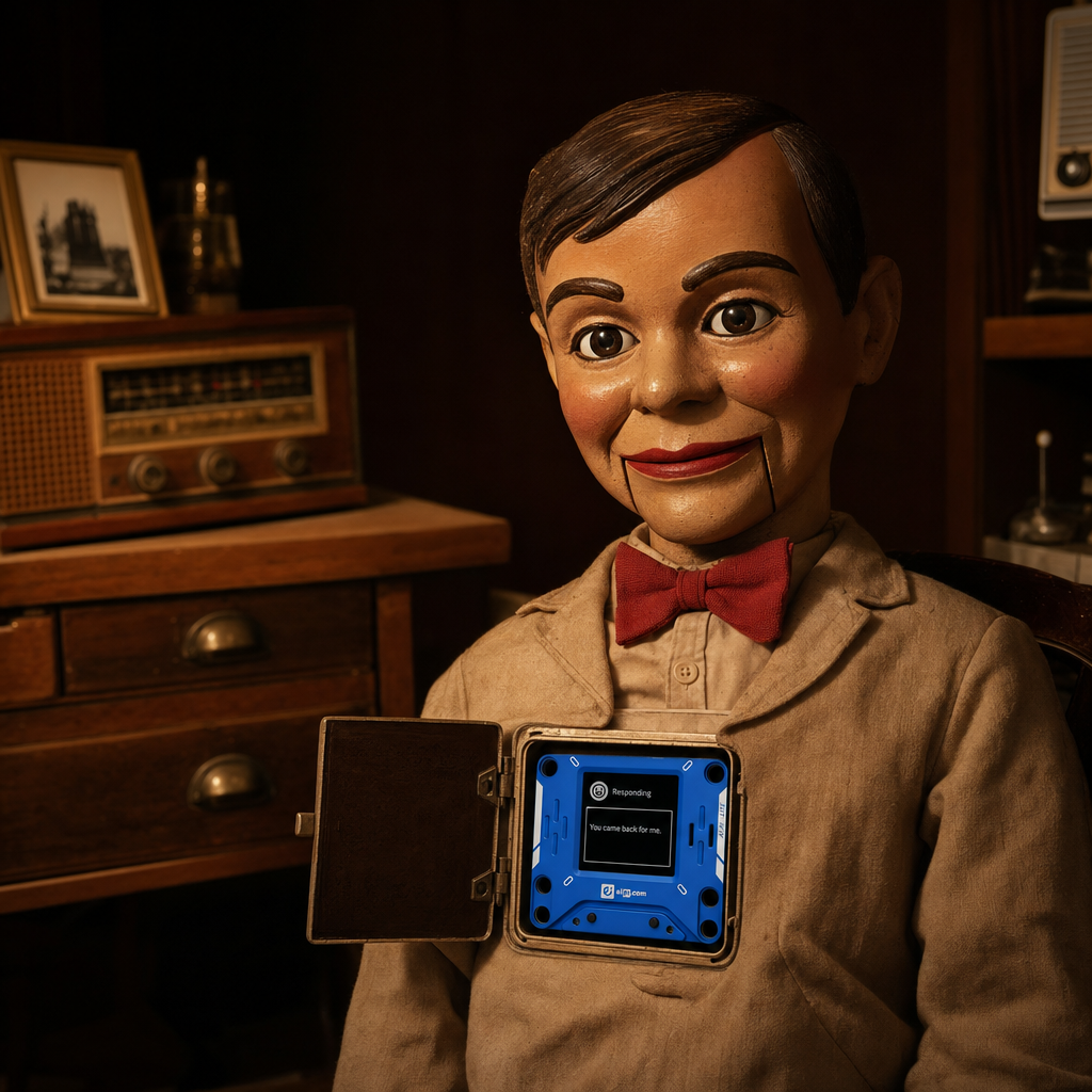 Blue AIPI on a shelf among vintage tin robots