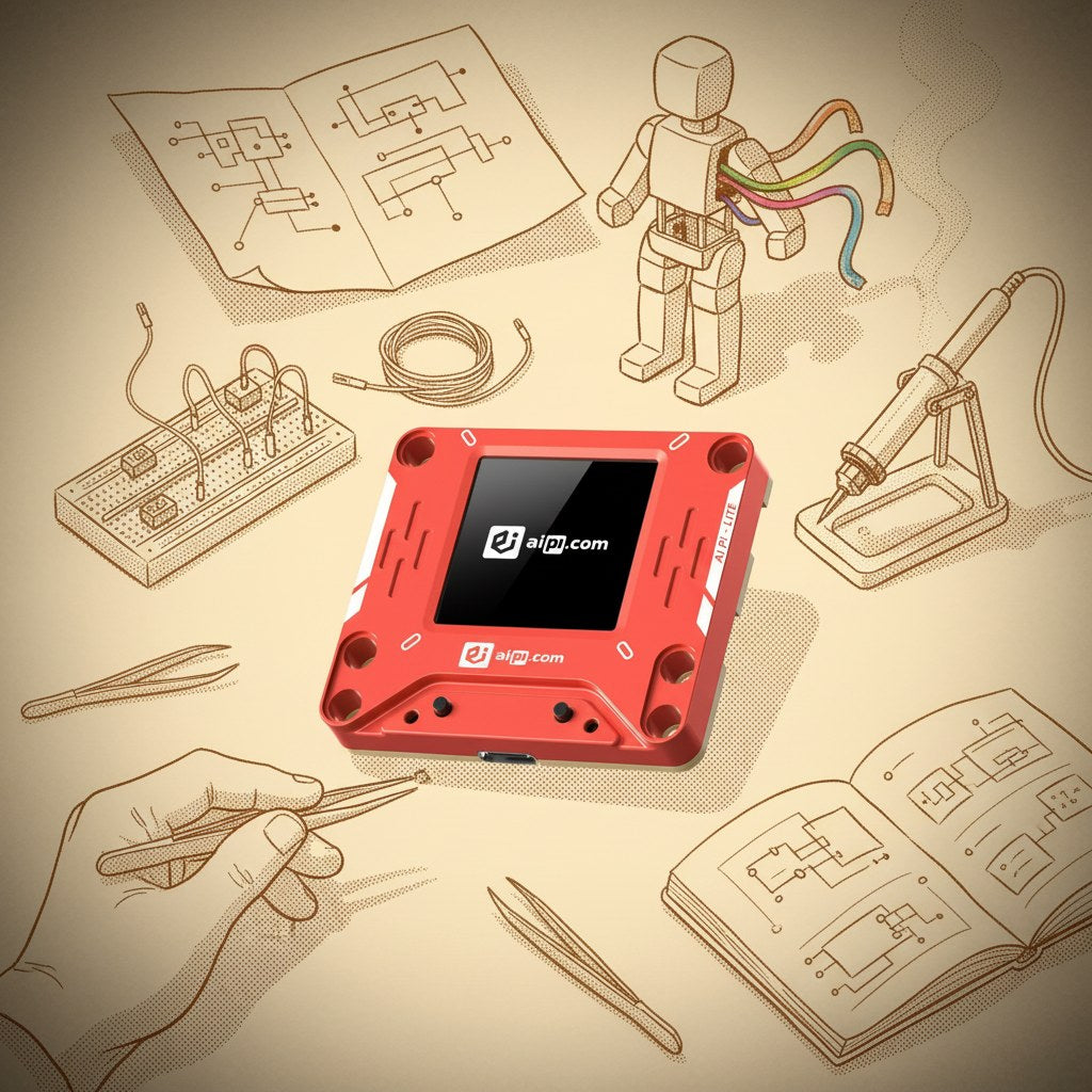 A maker's workbench: red AIPI Lite at center surrounded by hand-drawn workshop tools.