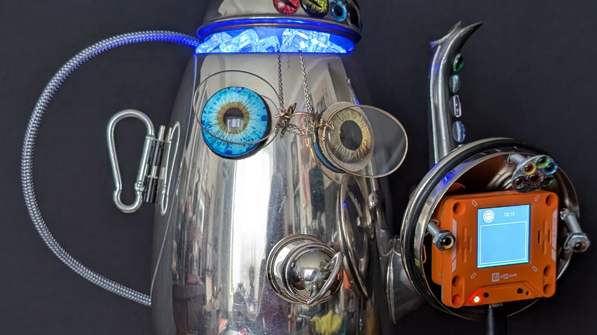 Baba Steele — a Kind Robo Cartel sculpture in NYC, a vintage coffee pot with an AIPI Lite for a living voice. @KindRoboCartel