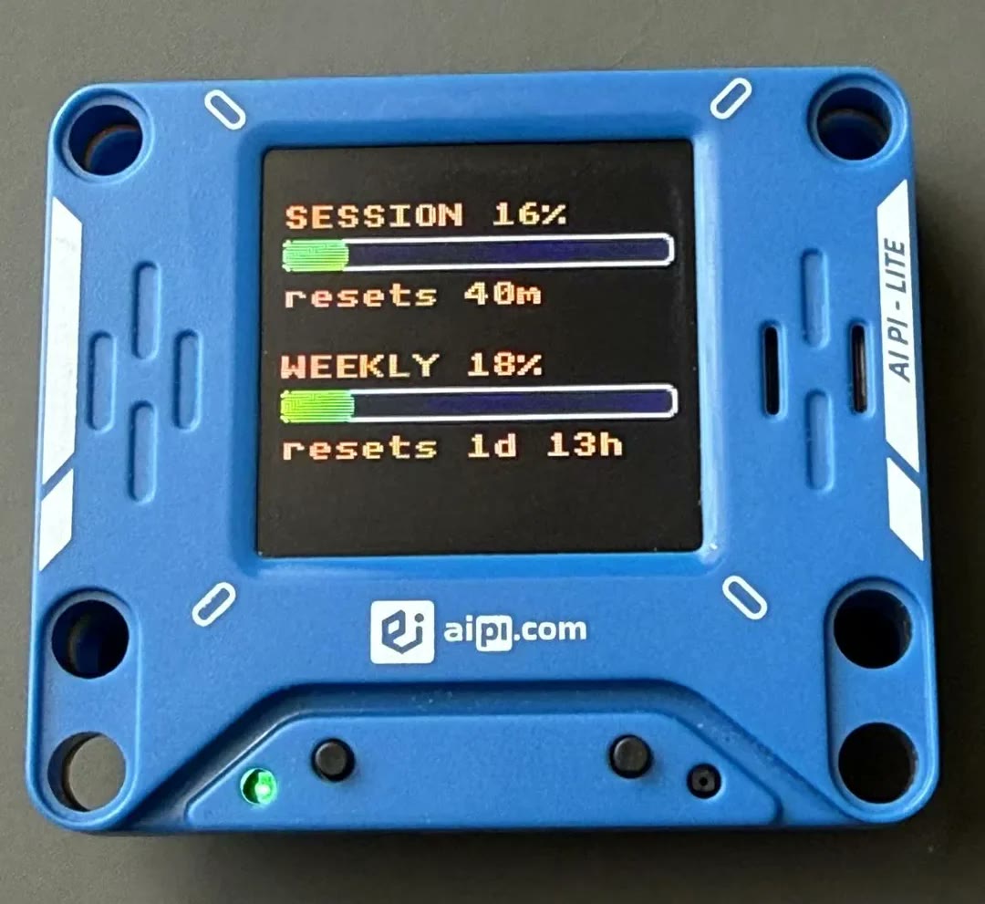 AIPI Lite reflashed into a standalone Claude usage meter — live session and weekly quota on-screen. u/Darth_JDLC