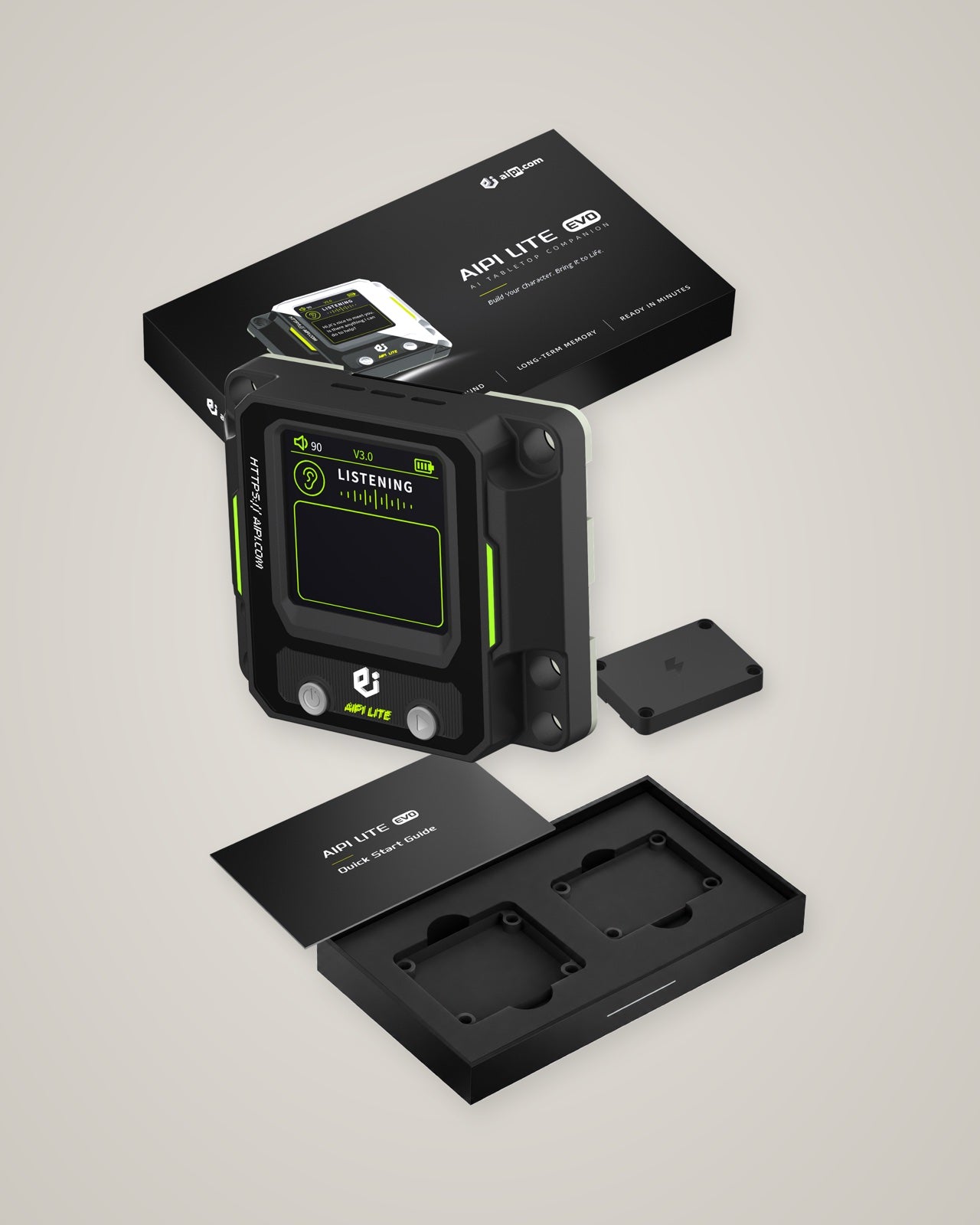 EVO packaging layout with box lid, device, battery module, quick-start guide and fitted tray