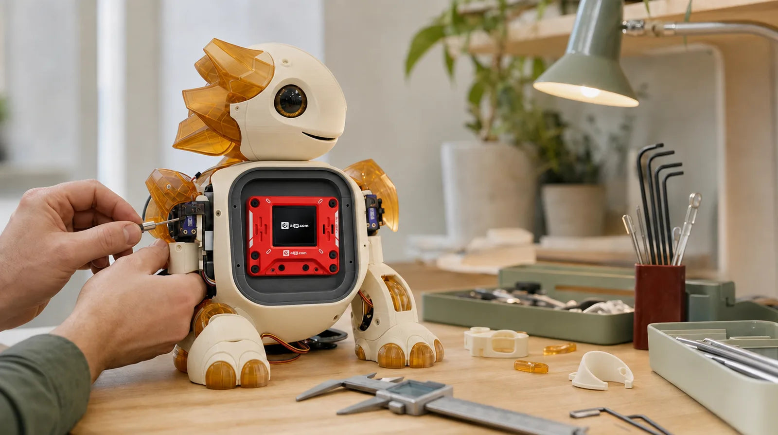 A red AIPI Lite mounted inside a maker-built servo character