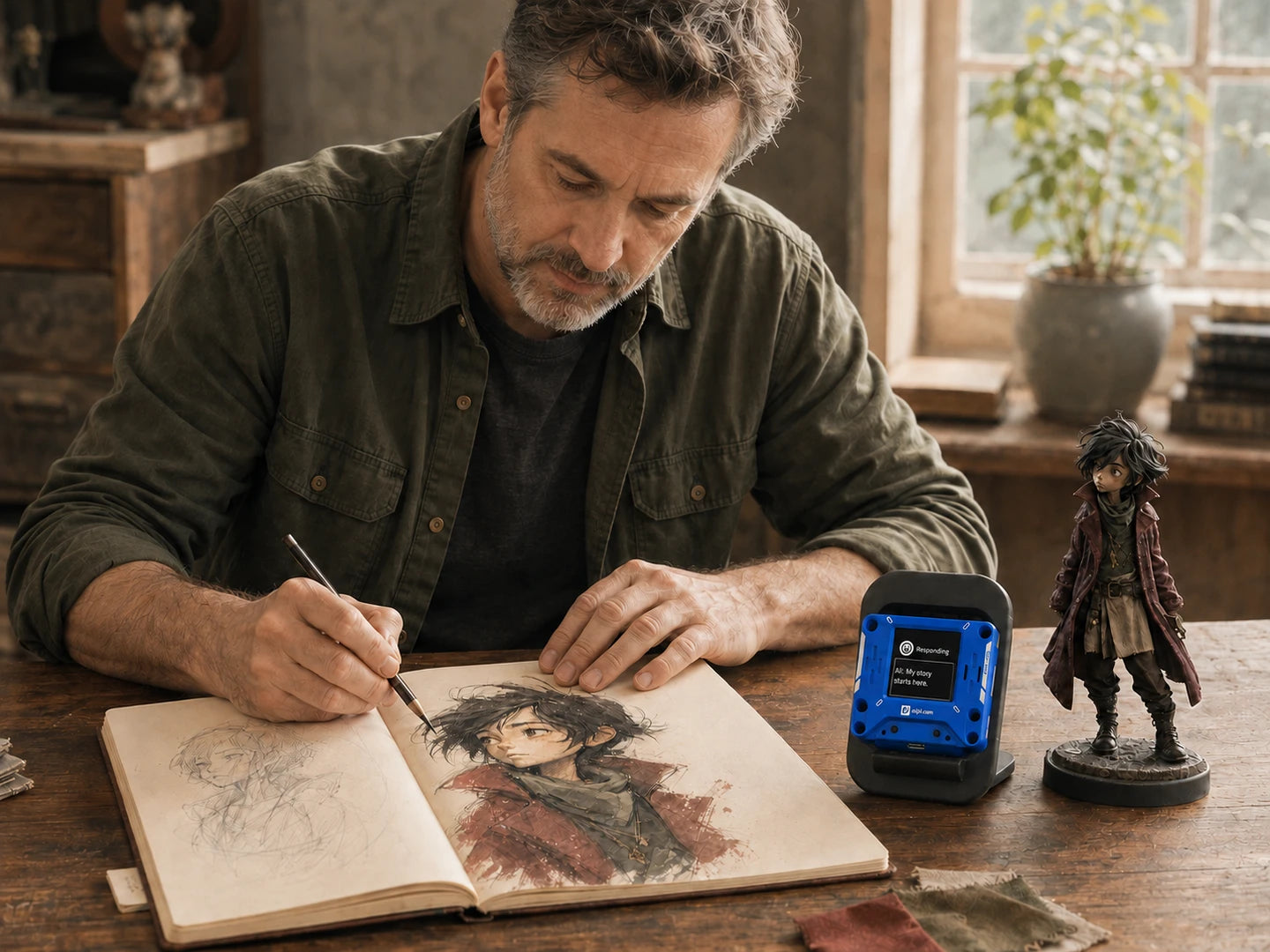 A mature male creator drawing his original character beside a blue AIPI Lite and matching figurine