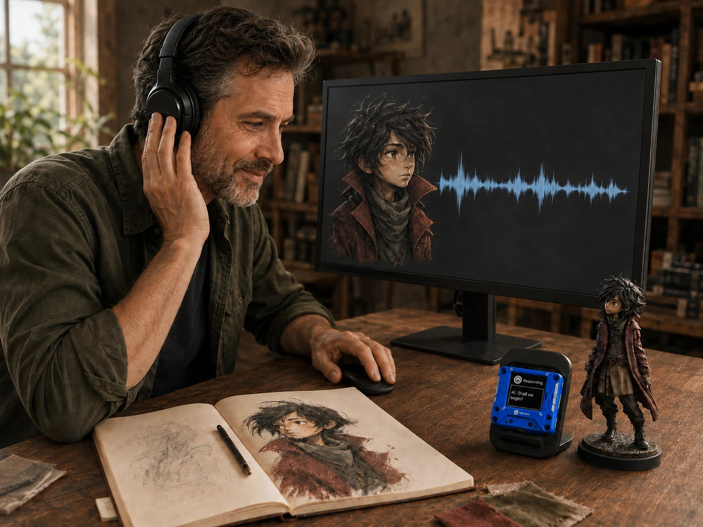 A mature male creator auditioning his character's voice with headphones, a character portrait and waveform on screen, and a blue AIPI Lite beside the matching figurine