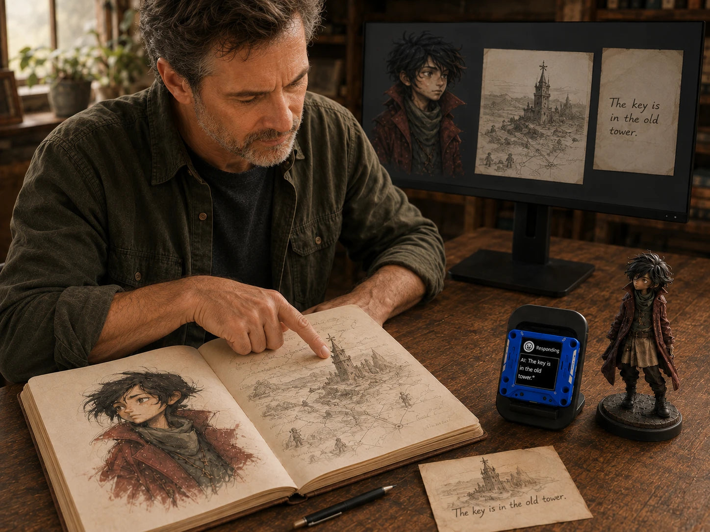 A creator checking his character's world lore, with matching tower notes on paper and screen and a blue AIPI Lite displaying the related answer