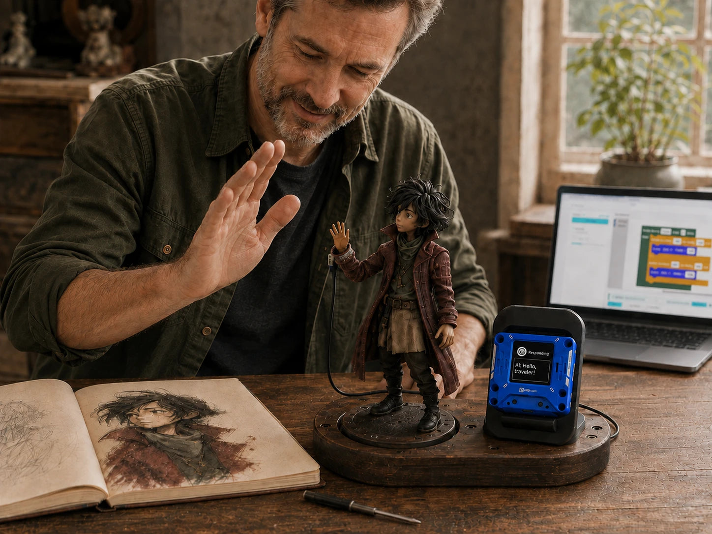 Concept scene of a creator greeting a custom articulated character beside a blue AIPI Lite, with a motion editor on the laptop
