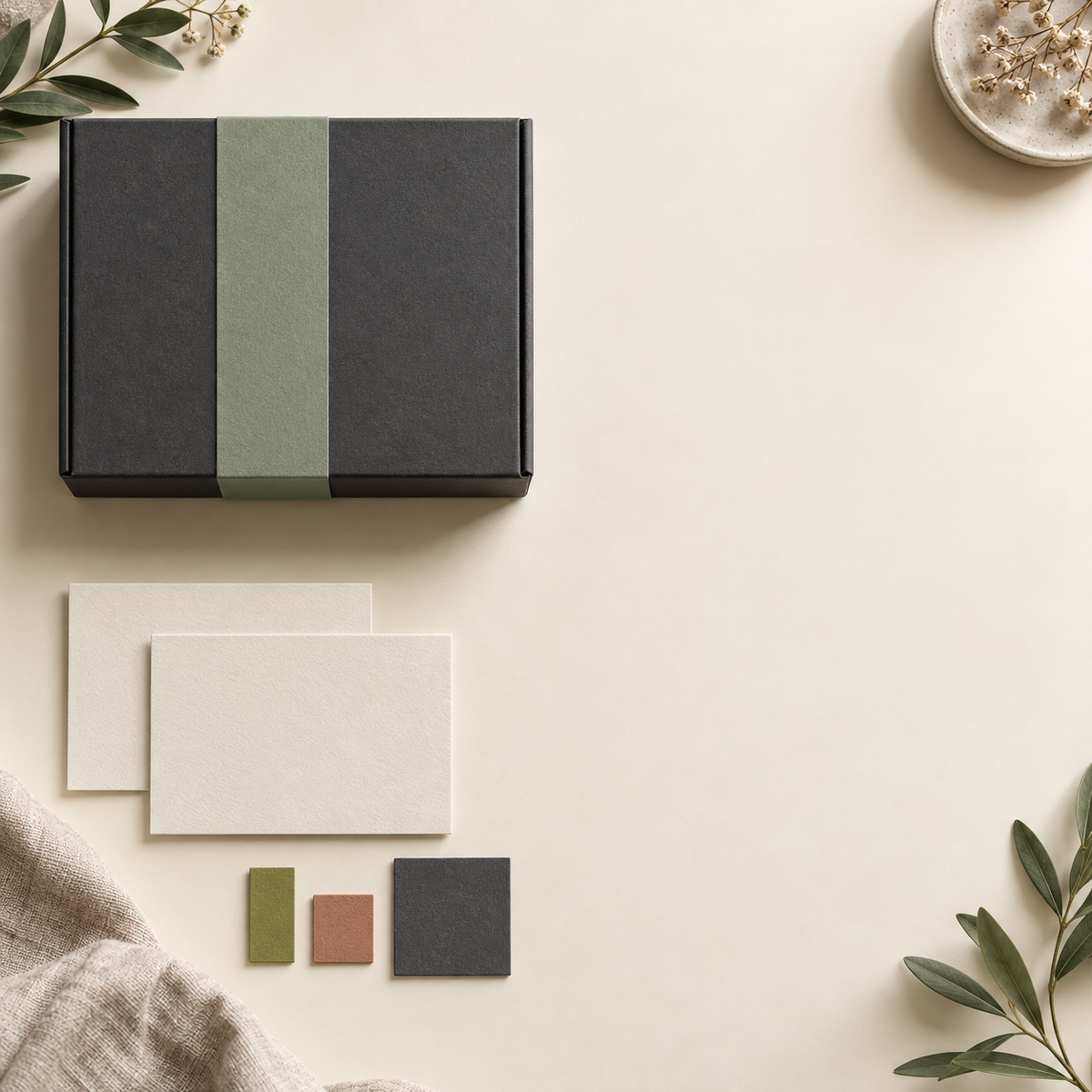 Custom packaging concept with a charcoal presentation box, sage sleeve, welcome cards and print swatches
