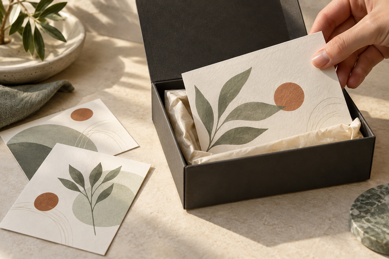 A welcome card being placed into a tissue-lined presentation box