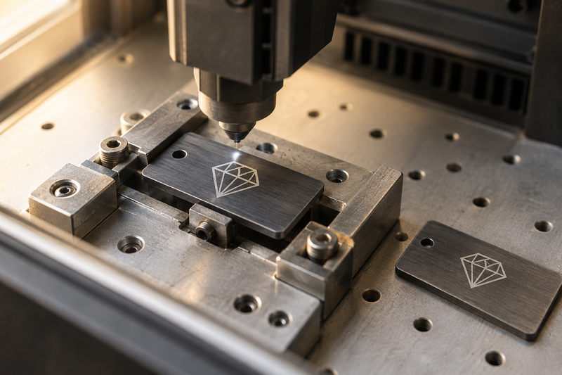 Precision marking of a geometric logo on a graphite sample tag