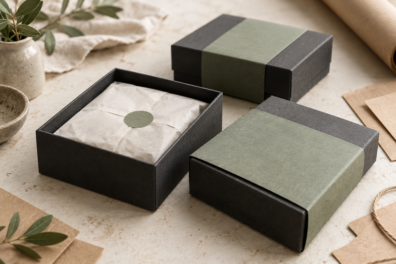 Charcoal presentation boxes with sage sleeves and tissue-paper packaging