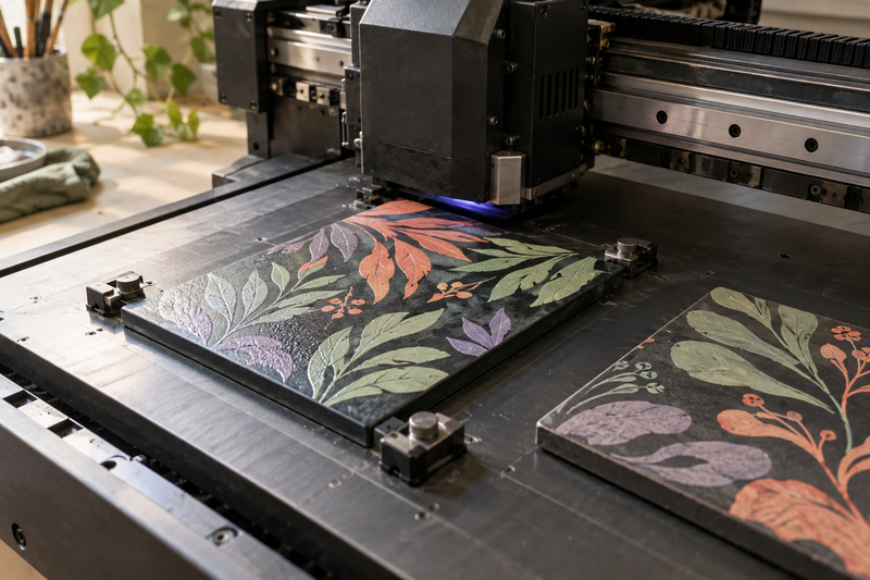 Flatbed UV printer applying multicolor artwork to a sample panel