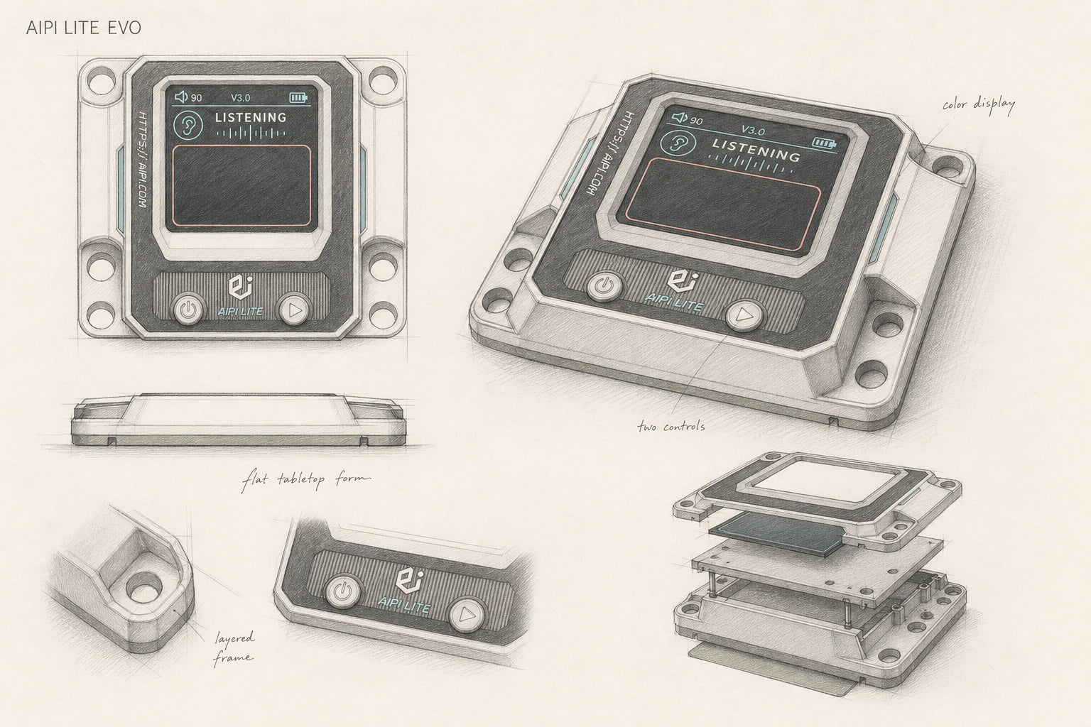 EVO concept sketch with front, angled and exploded views