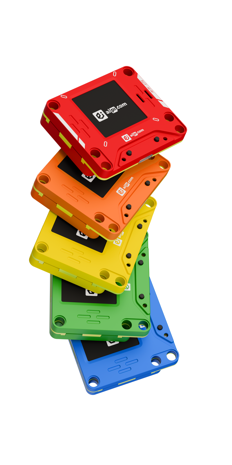 Five AIPI Lite devices stacked vertically in red, orange, yellow, green and blue